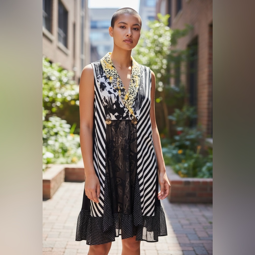 Striped Black and White Dress with Gold Accents